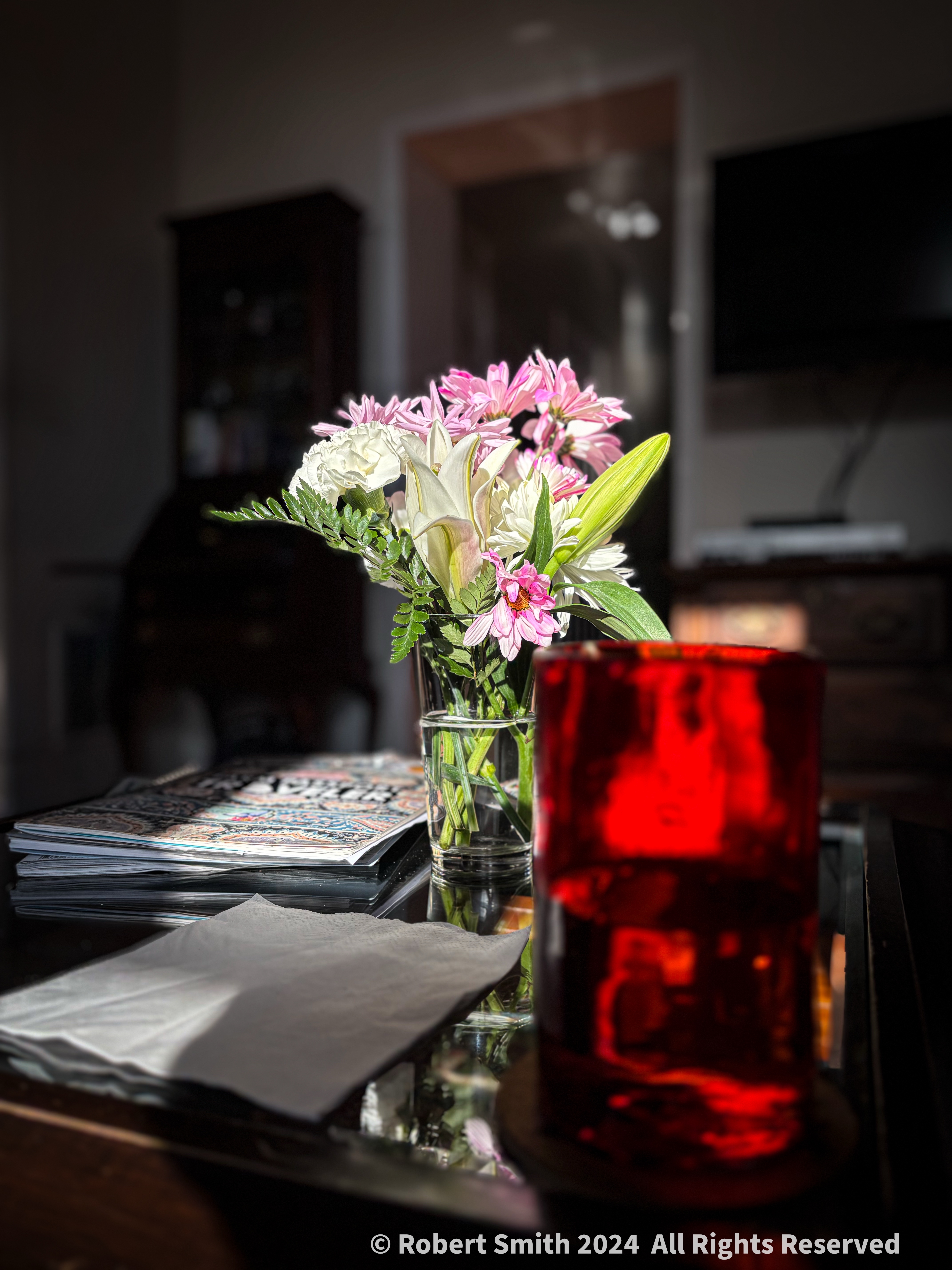 Red Glass and Flowers