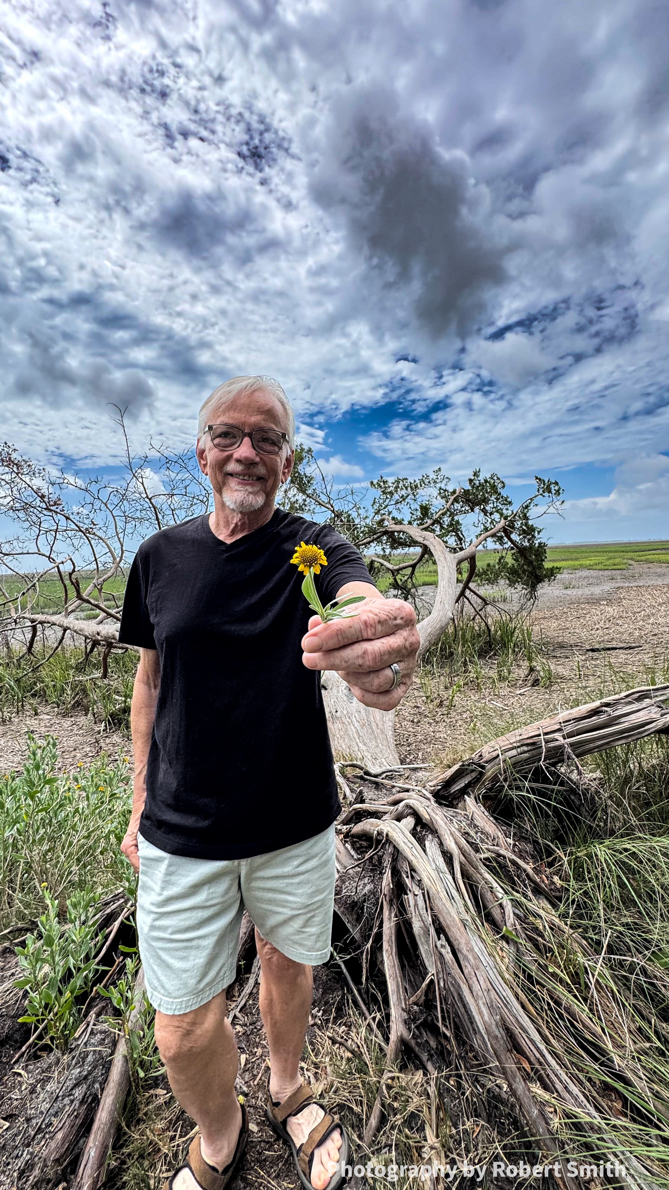 Neal smiles and extends a small yellow Sea Ox-Eye Daisy amid bleached driftwood and marsh grass on Skidaway Island.